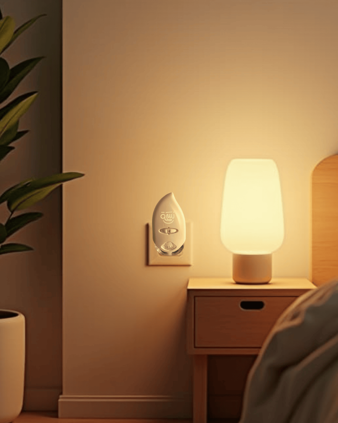 Nesmah diffuser next to a bedside lamp in cozy night bedroom.

