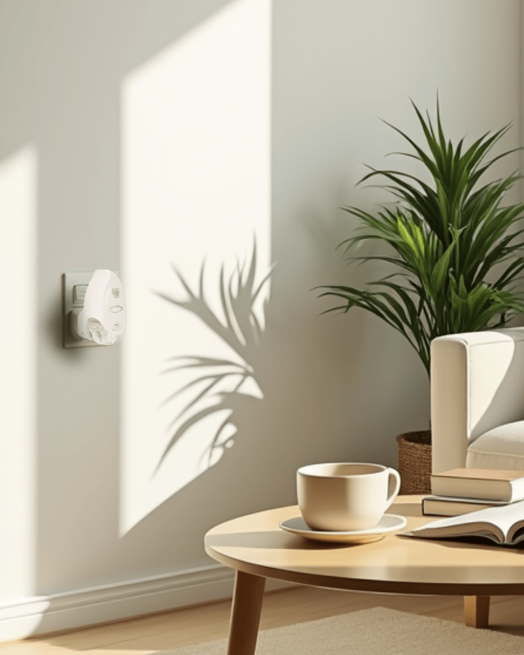 Nesmah diffuser in a bright living room near sofa and coffee table.