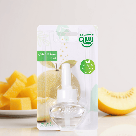 Melon-scented fragrance refill bottle surrounded by melon cubes and slices, with light summer-themed backdrop